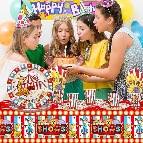 Doyomtoy Juego de Vajilla de Circo 75 Piezas Cumpleaños Tema Vajilla Decoración para Fiestas de Circo Globos de Circo Fiesta de Circo Platos Vasos Servilletas Manteles Globos,Fiesta Temática