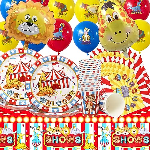 Doyomtoy Juego de Vajilla de Circo 75 Piezas Cumpleaños Tema Vajilla Decoración para Fiestas de Circo Globos de Circo Fiesta de Circo Platos Vasos Servilletas Manteles Globos,Fiesta Temática