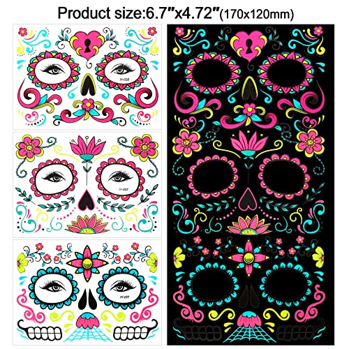 DPKOW Neon Halloween Cara Tatuajes Temporales, Día Muertos Transferencias Face Tattoo Skull Rose Stickers Tatuajes Temporales para Halloween Carnival Masquerade Horror Theme Parties, 8 Hojas