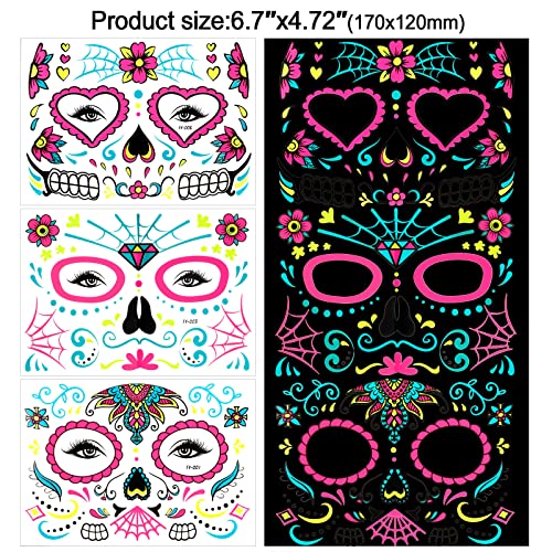 DPKOW Neon Halloween Cara Tatuajes Temporales, Día Muertos Transferencias Face Tattoo Skull Rose Stickers Tatuajes Temporales para Halloween Carnival Masquerade Horror Theme Parties, 8 Hojas