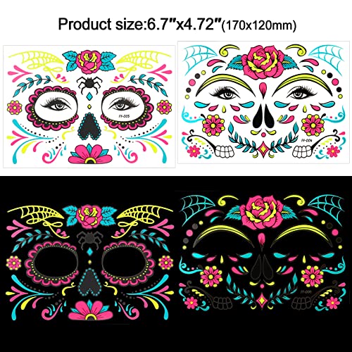 DPKOW Neon Halloween Cara Tatuajes Temporales, Día Muertos Transferencias Face Tattoo Skull Rose Stickers Tatuajes Temporales para Halloween Carnival Masquerade Horror Theme Parties, 8 Hojas