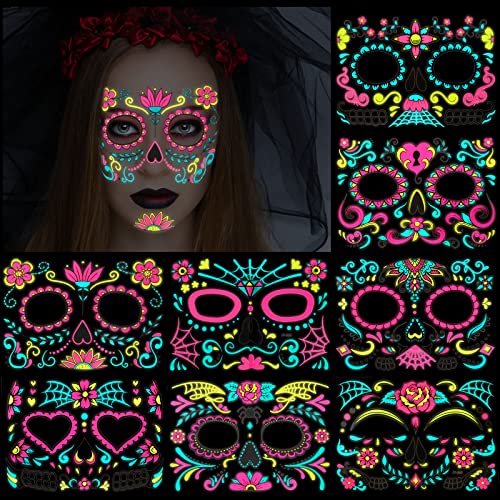 DPKOW Neon Halloween Cara Tatuajes Temporales, Día Muertos Transferencias Face Tattoo Skull Rose Stickers Tatuajes Temporales para Halloween Carnival Masquerade Horror Theme Parties, 8 Hojas