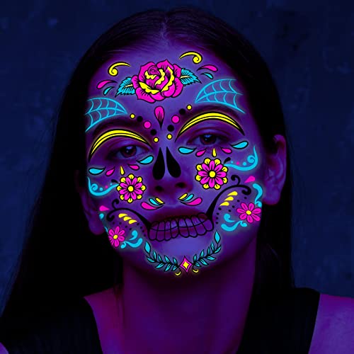 DPKOW Neon Halloween Cara Tatuajes Temporales, Día Muertos Transferencias Face Tattoo Skull Rose Stickers Tatuajes Temporales para Halloween Carnival Masquerade Horror Theme Parties, 8 Hojas