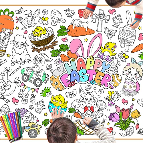 DPKOW Niños Pascua Póster de Colorear con Pintura, 118 * 84cm Gigante Mantel de Colorear de Papel para Niños Pascua Artesanía Regalos, Huevo de Pascua Pollito Conejos Cordero Zanahoria Flor Mariposa