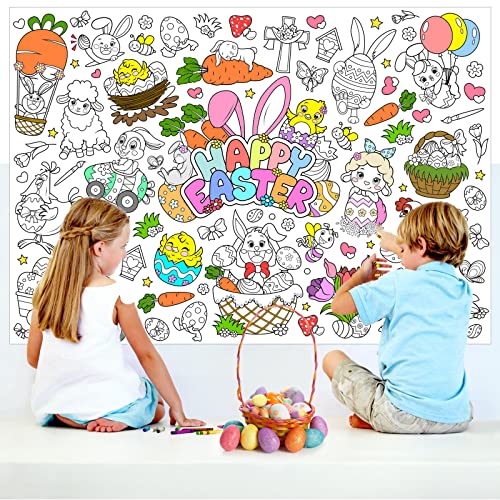 DPKOW Niños Pascua Póster de Colorear con Pintura, 118 * 84cm Gigante Mantel de Colorear de Papel para Niños Pascua Artesanía Regalos, Huevo de Pascua Pollito Conejos Cordero Zanahoria Flor Mariposa