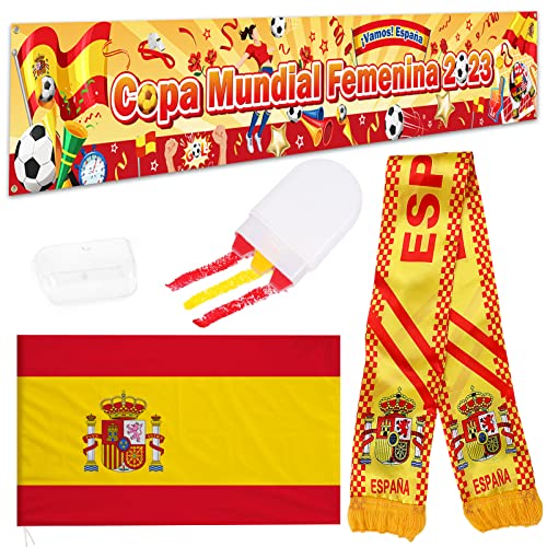 DPKOW Pack Selección de Seguidor de España Copa Mundial Femenina 2023 Pancarta Bufanda Bandera España Pintura de Cara para Fan Aficionados del Futból de España Accesorios Decoración Copa Mundial 2023