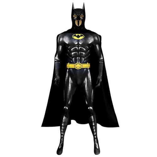 DTREEL Disfraz Batman Adulto，Disfraz de Batman Superhéroe Caballero Oscuro，Traje de Batman Cosplay Halloween Hombres，Mono Negro Capa Mascara，Ropa Fiesta para Edades de 12 a 24 Años.(L,With Mask)