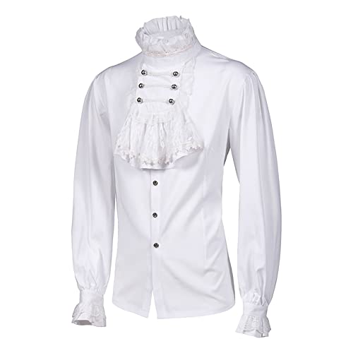 Duohropke Camisa con volantes medieval pirata para hombre, estilo medieval para caballero, camisa gótica, cuello con volantes, camisa de cola de milano, 04-blanco, L