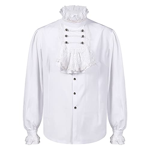 Duohropke Camisa con volantes medieval pirata para hombre, estilo medieval para caballero, camisa gótica, cuello con volantes, camisa de cola de milano, 04-blanco, L