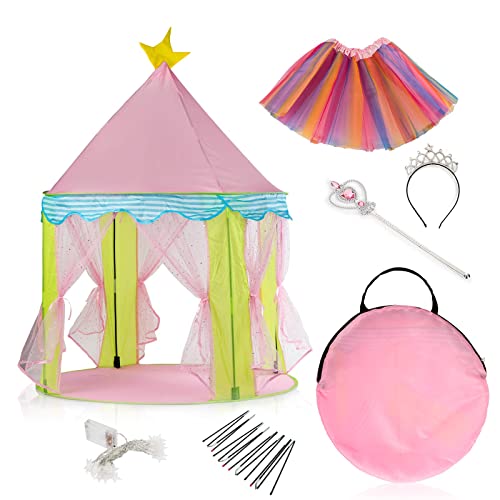 ECARTYA Pack Tienda Campaña Infantil de niña + Disfraz de Princesa + Luces de Estrella. Casita Infantil para Juegos de Niña Interior y Exterior. Castillo Princesas Disney para Niñas de 1-6 Años.