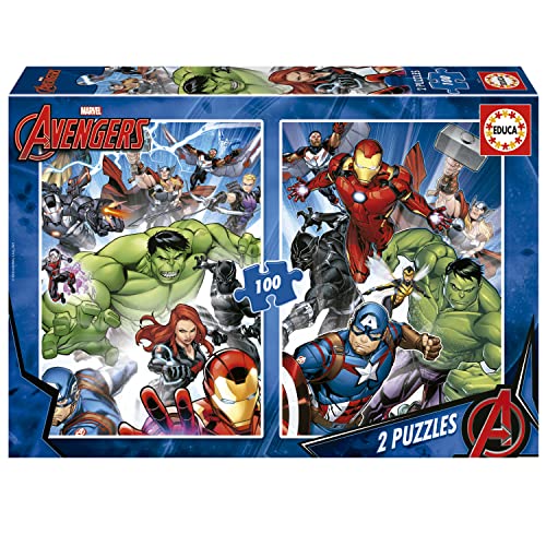 Educa - 2 Puzzles de cartón con 100 Piezas | Avengers, Vengadores, Marvel. Diversión por Partida Doble. Medida aproximada del Puzzle: 40 x 28 cm. A Partir de 6 años (19679)