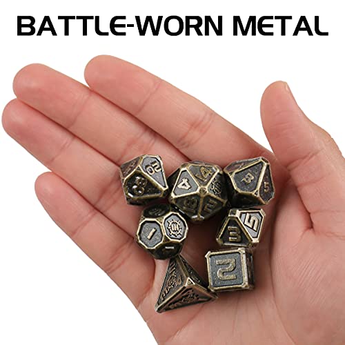 ENHANCE Juego De Dados De Metal DND - Dados De Zinc Sólido De 7 Piezas Con Caja De Metal Y Bolsa De Dados Incluida - Dados RPG Para Mazmorras Y Dragones, Pathfinder Y Más (bronce Antiguo)