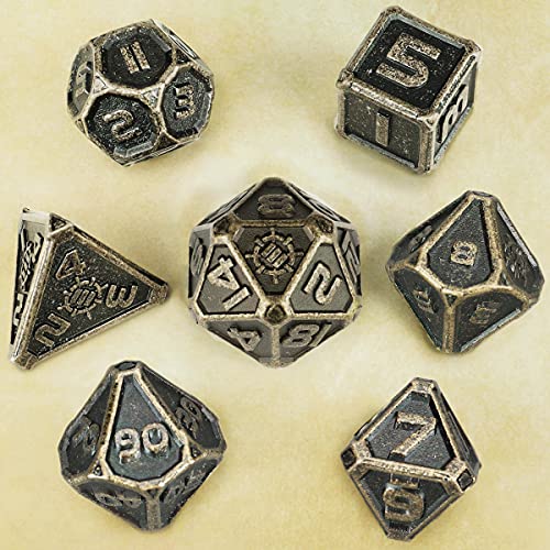 ENHANCE Juego De Dados De Metal DND - Dados De Zinc Sólido De 7 Piezas Con Caja De Metal Y Bolsa De Dados Incluida - Dados RPG Para Mazmorras Y Dragones, Pathfinder Y Más (bronce Antiguo)