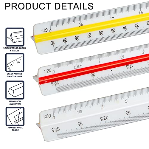 Escala triangular, regla de escala de 30 cm, regla de plástico, regla triangular, regla métrica 1:100, 1:200, 1:250, 1:300, 1:400, 1:500 para arquitectos, estudiantes e ingenieros
