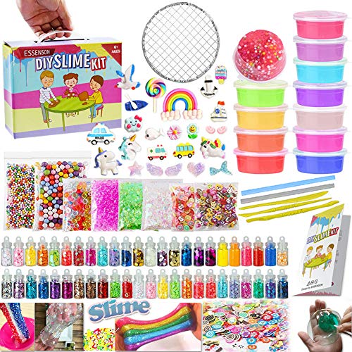 ESSENSON DIY Slime Kit Haz tu propia baba con 12 colores de baba de cristal, purpurina, colgantes, rodajas de fruta, manualidades para niños de 6 a 12 años Regalo para niñas