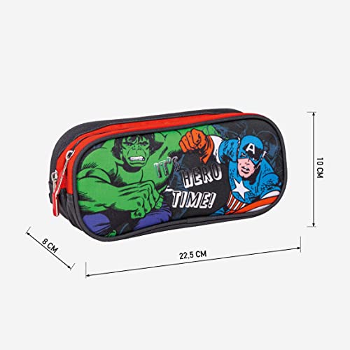 Estuche 2 Compartimentos de Los Vengadores - Multicolor - 22,5x8x10 cm - 100% Poliéster - Cierre de Cremallera - Estampado de Hulk, Spiderman y Capitán América - Producto Original Diseñado en España