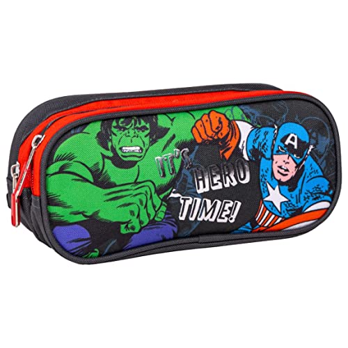 Estuche 2 Compartimentos de Los Vengadores - Multicolor - 22,5x8x10 cm - 100% Poliéster - Cierre de Cremallera - Estampado de Hulk, Spiderman y Capitán América - Producto Original Diseñado en España