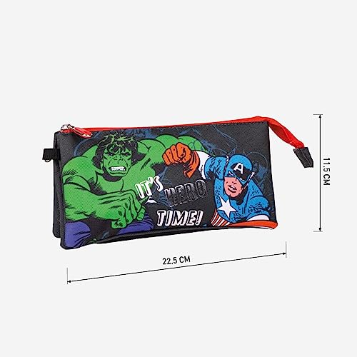 Estuche 3 Compartimentos de Los Vengadores - Multicolor - 22,5x11,5 cm - 100% Poliéster - Cierre de Cremallera - Estampado de Hulk, Spiderman y Capitán América - Producto Original Diseñado en España