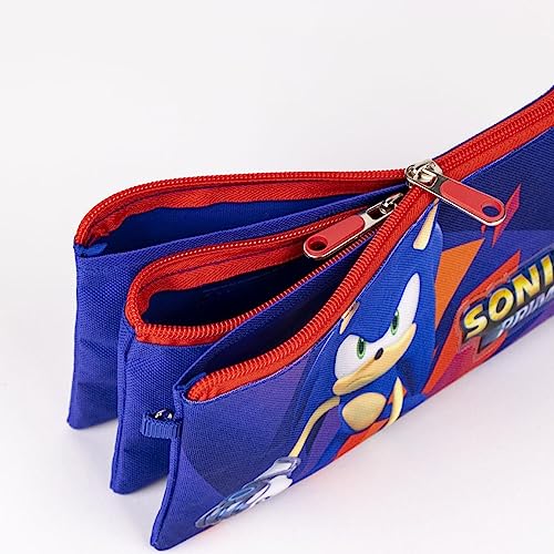 Estuche con Triple Compartimento de Sonic Prime - Color Azul y Rojo - 22,5x2x11,5 cm - Fabricado en Poliéster - Cierre de Cremallera - Estampado de Sonic Prime - Producto Original Diseñado en España