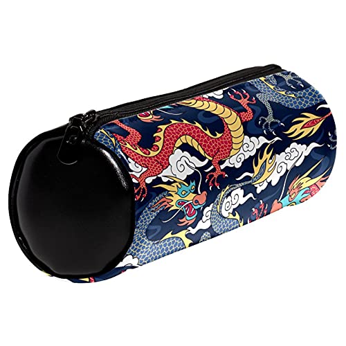 Estuche de lápiz de cuero con diseño de dragón chino de las leyendas de los mitos chinos de las leyendas del dragón rojo marino de la pluma de la monedero, bolsa de maquillaje cosmética