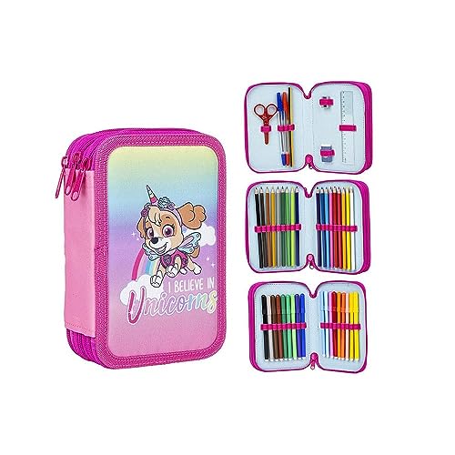 Estuche Escolar Infantil de La Patrulla Canina - Cierre de Cremallera - 12,5 x 6,5 x 18,5 cm - Plumier con Triple Compartimento - Incluye Accesorios - Producto Original Diseñado en España