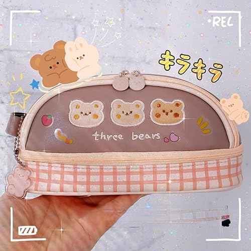 Estuche Kawaii Bear para estudiantes con pegatinas gratis de 2 capas Cutecore para personal de papelería Fairycore Preppy Pen Box (marrón)