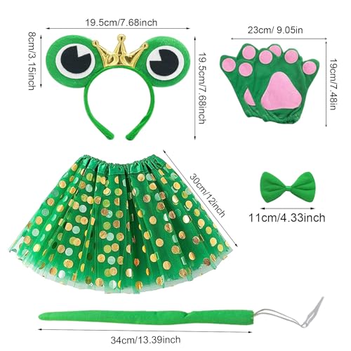 EUPSIIU 6 Piezas Disfraz de Anima Rana Accesorios Tutu Falda Rana Corona Orejas Guantes de Garra Collar Cola Rana Disfraz para Niña Carnaval Halloween Fiesta Cosplay de Animales Disfraz (Verde)