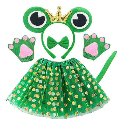 EUPSIIU 6 Piezas Disfraz de Anima Rana Accesorios Tutu Falda Rana Corona Orejas Guantes de Garra Collar Cola Rana Disfraz para Niña Carnaval Halloween Fiesta Cosplay de Animales Disfraz (Verde)