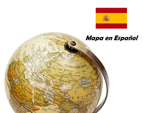 Exerz 14cm Globo Antiguo - Mapa en Español - Decoración de Escritorio Educativa/Geográfica - Globo Terráqueo con una Base de Metal - Mapa Moderno con Color Antiguo - Diámetro: 14cm