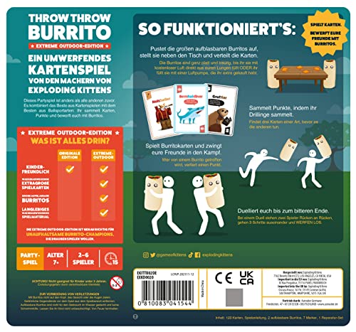 Exploding Kittens | Throw Throw Burrito Extreme Outdoor Edition | Juego de Fiesta | Juego de Cartas | 2-6 Jugadores | A Partir de 7 años | 15 Minutos | alemán