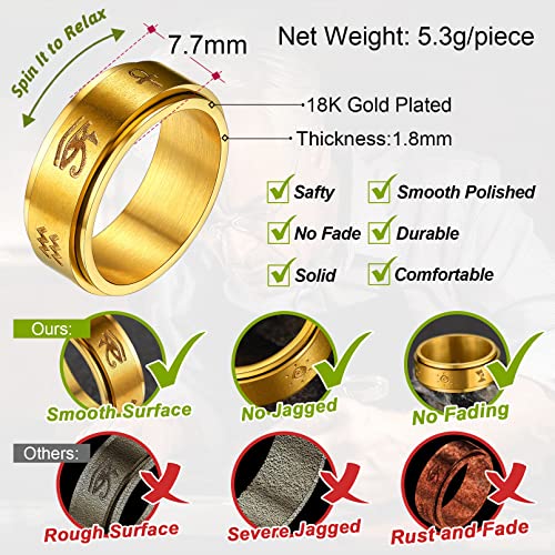 FaithHeart Ojo de Horus Anillo Egipto Grueso de Banda Acero Inoxidable 316L Talla 8 Joyería Hip Hop de Hombres Regalo Cumpleaños Joyería Rotativa Contra Ansiedad Chapado en Oro 18K