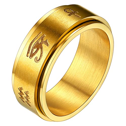 FaithHeart Ojo de Horus Anillo Egipto Grueso de Banda Acero Inoxidable 316L Talla 8 Joyería Hip Hop de Hombres Regalo Cumpleaños Joyería Rotativa Contra Ansiedad Chapado en Oro 18K