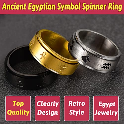 FaithHeart Ojo de Horus Anillo Egipto Grueso de Banda Acero Inoxidable 316L Talla 8 Joyería Hip Hop de Hombres Regalo Cumpleaños Joyería Rotativa Contra Ansiedad Chapado en Oro 18K