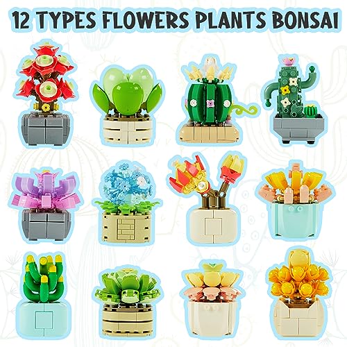 Faittoo Succulents Juegos de Construcción de Bonsái, Juguete Creativo de Bonsái de Flores, Juego para Adultos, Construye 12 Plantas Pequeñas, No Compatible con Lego (1095 Piezas)