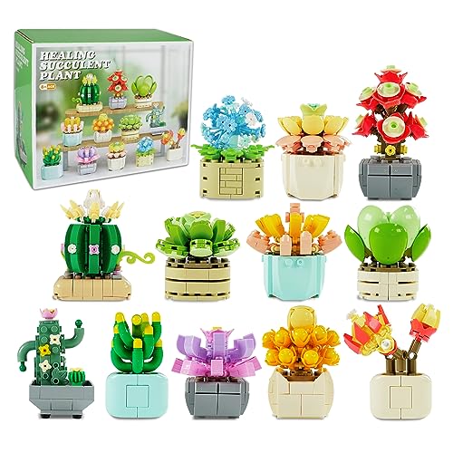 Faittoo Succulents Juegos de Construcción de Bonsái, Juguete Creativo de Bonsái de Flores, Juego para Adultos, Construye 12 Plantas Pequeñas, No Compatible con Lego (1095 Piezas)