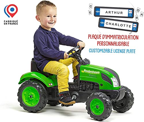 Falk - Tractor con Pedales Country Farmer Verde a Partir de 2 años – Fabricado en Francia – Placa de matrícula Personalizable – Volante direccional con bocina – 2057