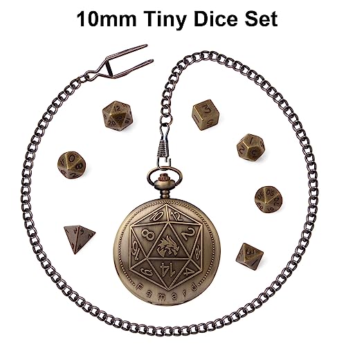 Famard Juego de dados DND diminutos de 10 mm con carcasa de reloj de bolsillo vintage, juego de dados poliédricos de metal D&D perfecto para regalos de Calabozos y Dragones, juego de rol MTG, juegos