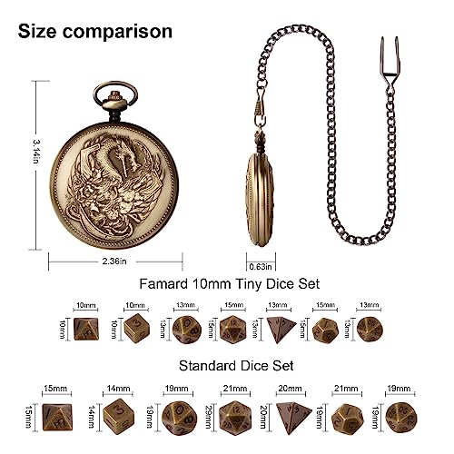 Famard Juego de dados DND diminutos de 10 mm con carcasa de reloj de bolsillo vintage, juego de dados poliédricos de metal D&D perfecto para regalos de Calabozos y Dragones, juego de rol MTG, juegos