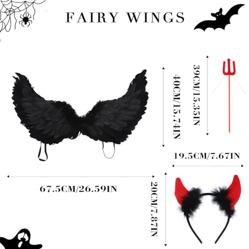 Fashband Halloween Black Angel Wings Black Feather Wings Black Angel Costume Set Angel Wings Girls Kids Black Wings para Fiesta Carnival Cosplay