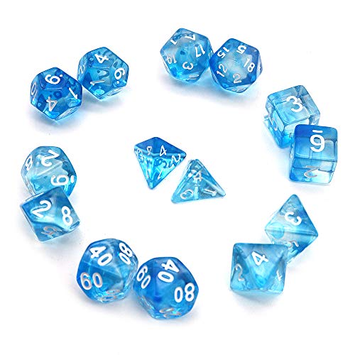 Fasizi Juego de dados poliédricos transparentes para juegos de mesa, 2 juegos de dados 2 x 7 (14 piezas) Die Series D20 D12 D10 D8 D6 D4 DND dados DND RPG MTG doble colores una pieza (azul)