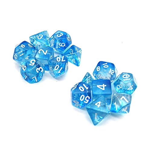 Fasizi Juego de dados poliédricos transparentes para juegos de mesa, 2 juegos de dados 2 x 7 (14 piezas) Die Series D20 D12 D10 D8 D6 D4 DND dados DND RPG MTG doble colores una pieza (azul)