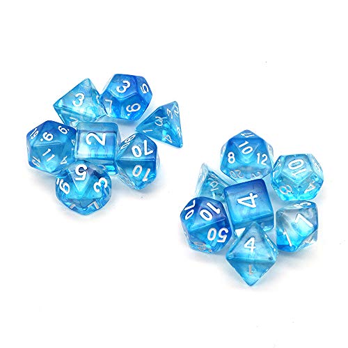 Fasizi Juego de dados poliédricos transparentes para juegos de mesa, 2 juegos de dados 2 x 7 (14 piezas) Die Series D20 D12 D10 D8 D6 D4 DND dados DND RPG MTG doble colores una pieza (azul)