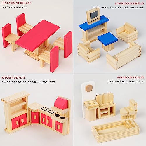 FENGQ Juego de muebles para casa de muñecas, minicasa de muñecas, muebles de madera, con 6 muñecas de madera simuladas para decoración de casa de muñecas de hadas