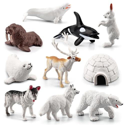 Fiorky 10 Piezas realistas Modelos de Animales Polares Oso Polar Foca Conejo Polar océano mar Animal Juego Ballena pingüino delfín simulación océano Modelo Cabra Leones Marinos iglú Regalos