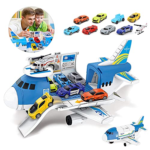 Fiotha Aviones de Juguete, Juego Aviones Vehículos, Coches Juguete para Niños, Juego de Juguetes de avión 8 Coches de Juguetes y 1 Helicóptero, 1 avión Grande, para Niños Mayores de 3 Años