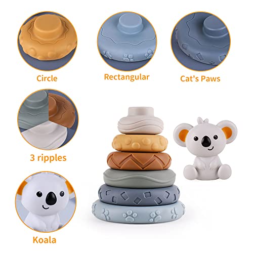 Fiotha Koala Gris 6 Piezas de Juguete Circular para Apilar y Anidar, Juguetes Apilables, Juguete para Apretar Bebé, Juguetes de Educación Temprana, Regalos para 1-3 años, Bebé, Niños Pequeños