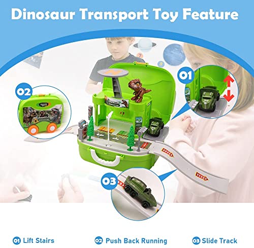 FIRE BULL Juego de Juguetes de Dinosaurio portátil, Caja de Almacenamiento Deslizante portátil con Dos Pistas integradas, 1 Coche de Dinosaurio de Juguete y 1 Dinosaurio Dioygt