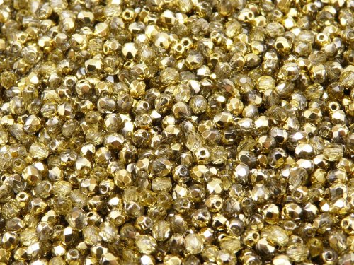 Fire-Polished Beads, 3 mm, 100 piezas, cuentas de vidrio facetadas redondas checas, pulidas al fuego, Crystal/Amber (transparent, half pale gold metallic)