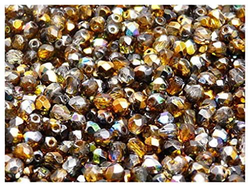 Fire-Polished Beads, 4 mm, 100 Piezas, Cuentas de Vidrio Facetadas Redondas Checas, Pulido al Fuego, Cristal/Magic Orange-Gray