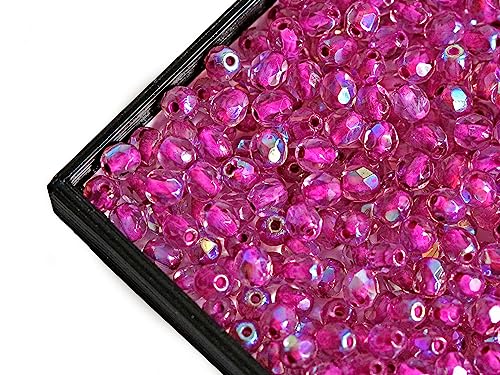 Fire-Polished Beads, 4 mm, 100 piezas, cuentas de vidrio facetadas redondas checas, pulido al fuego, Crystal/AB/Pink Lined (transparent with rainbow decor outside, inside fuchsia)